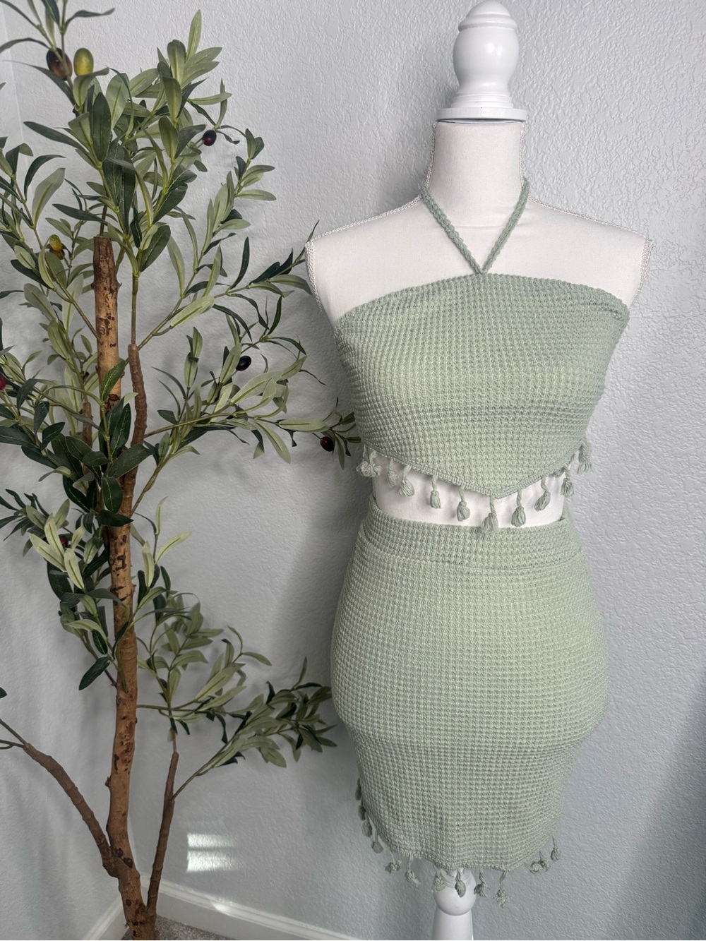 SHEIN Mint Green Crochet Tassel Halter Skirt Set